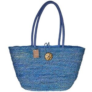 Merona Straw Basket Weave Tote Purse w/ Wooden Button Detail - Blue - NWT